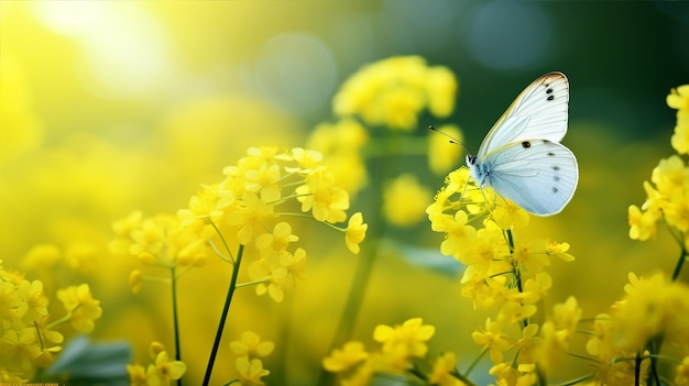 Meadow with flowers and butterflies spring or summer morning