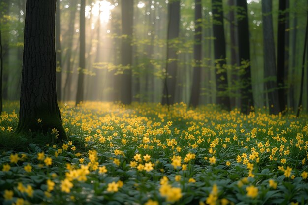 Meadow with grass and yellow flowers between trees in forest in springtime