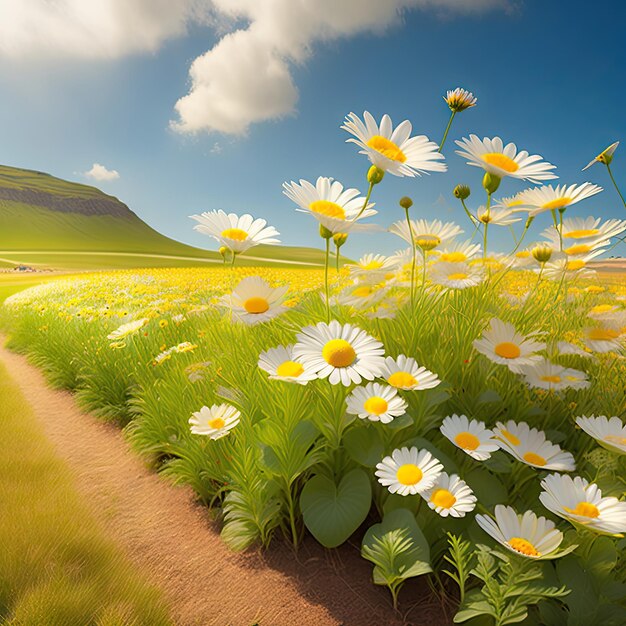 Meadow with a large number of spring daisies