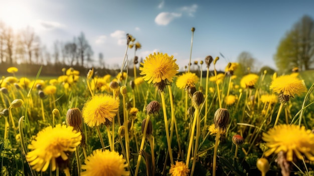 Meadow with lots of spring flowers yellow dandelions in sunny day in nature generative ai