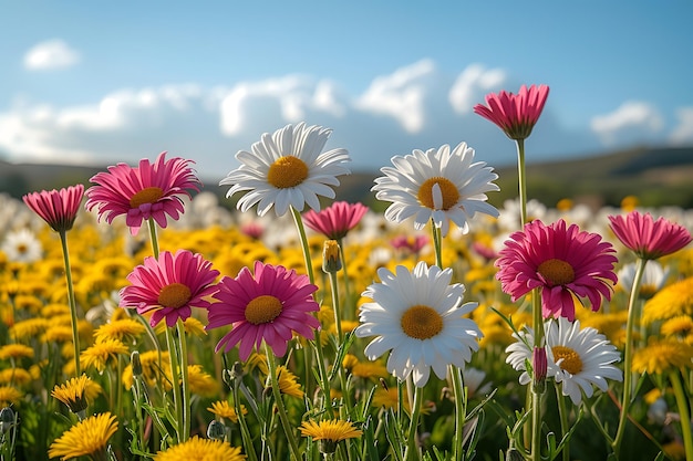 Photo meadow with lots of white and pink spring daisy flowers and yellow dandelions in sunny day