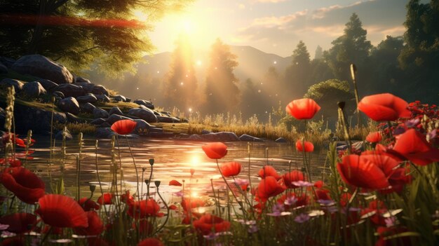 A meadow with poppies in the rays of the rising sun photorealistic HD 4K