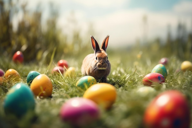 Meadow with rabbit and easter eggs