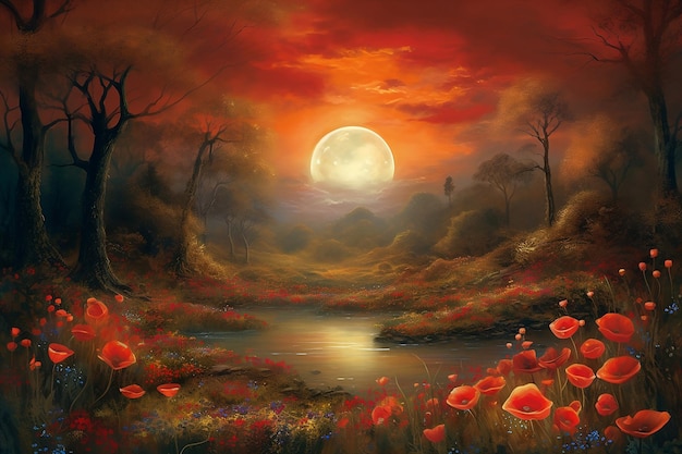 Meadow with red poppies at colorful sunset