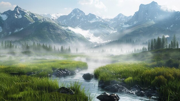 Photo meadow with a stream flowing and mountain background