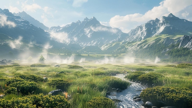 Photo meadow with a stream flowing and mountain background