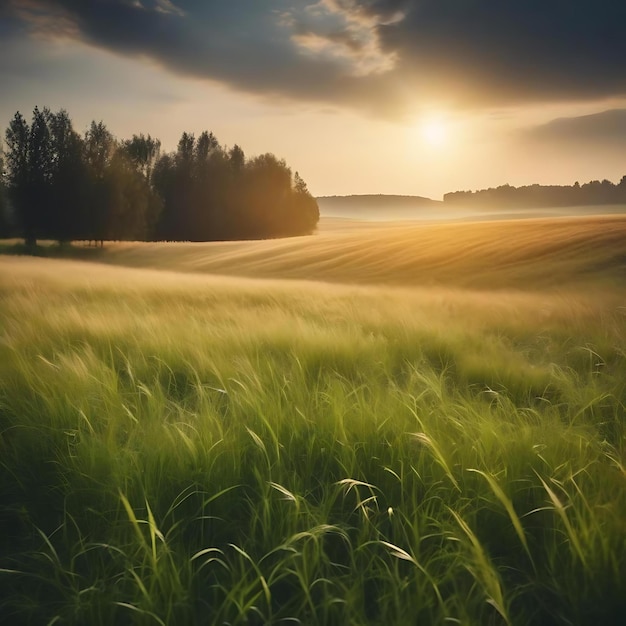 A meadow with the sun setting behind it