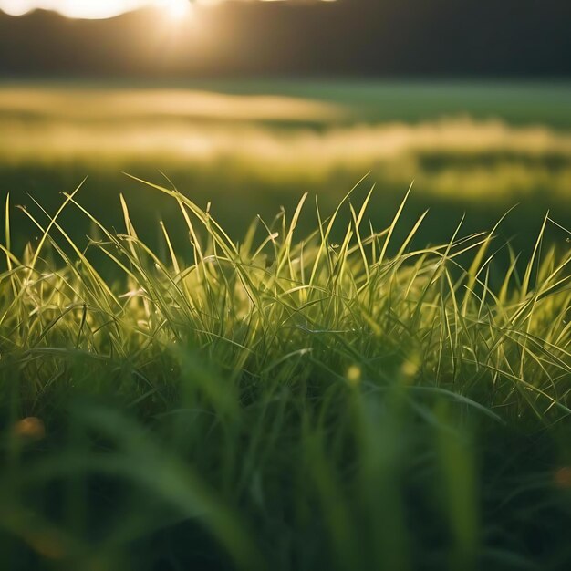 A meadow with the sun setting behind it