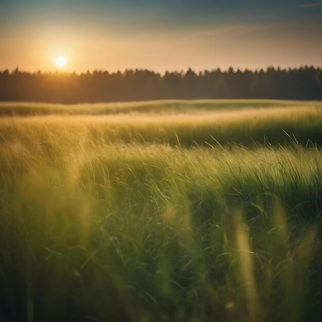 A meadow with the sun setting behind it