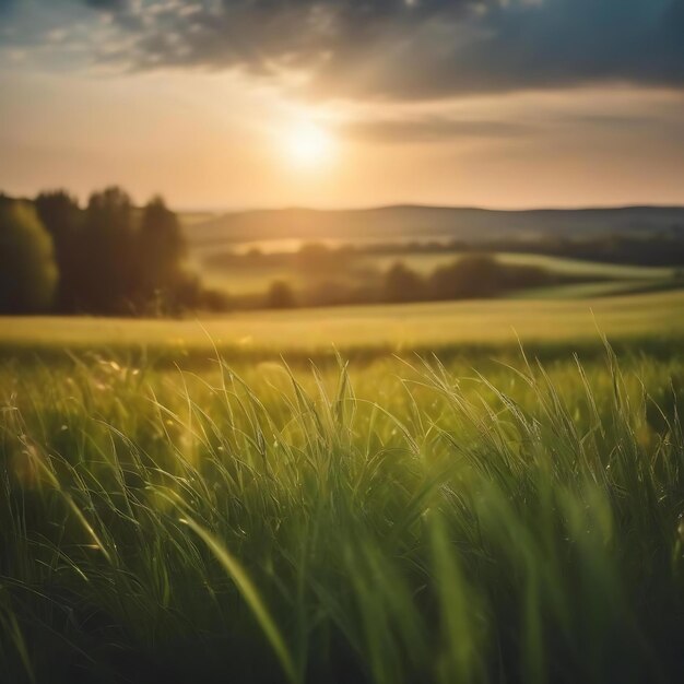 A meadow with the sun setting behind it