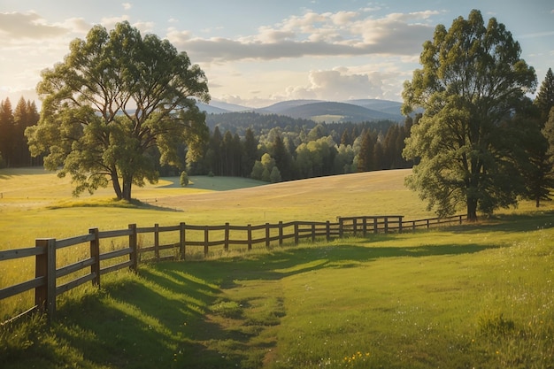 Meadow with trees and a wooden fence