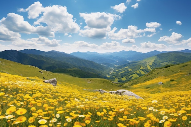 Foto prato con fiori gialli in montagna paesaggio estivo