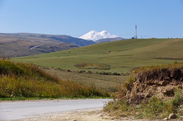 Elbrus의 산기슭에있는 초원. 러시아의 북 코카서스.