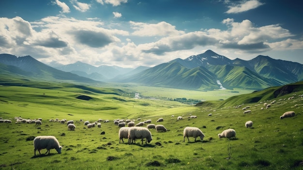 In the meadows were herds of cows and sheep and mountains in the distance