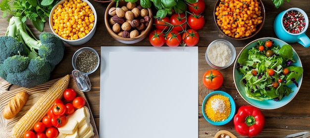 Foto concept di piano di pasto ingredienti alimentari serve di insalata ustieri e clipboard