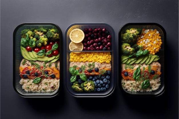 Photo meal prep containers filled with healthy lunches generative ai