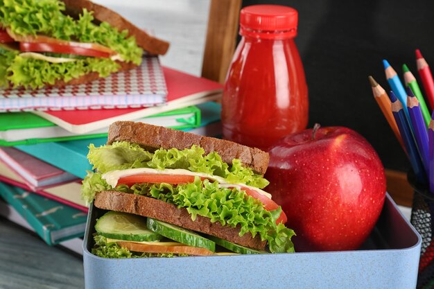 Photo meal for schoolchild in lunch box closeup