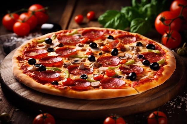 Meal space baked fast background black italian food food copy cheese tomato pizza Generative AI