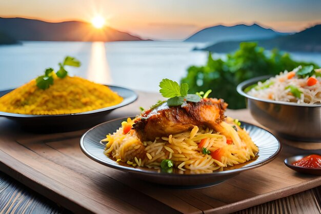 a meal on a table with rice and rice and a view of the lake.