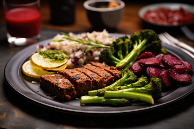 Photo a meal with faux meat visibly made from plantbased ingredients