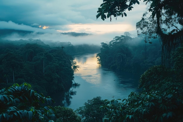 Foto un fiume meandrante attraversa il denso e verdeggiante fogliame di una vivace giungla in un luogo remoto un fiume che attraversa il terreno della foresta pluviale all'alba