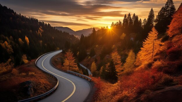 Photo meandering road through the autumn forest in mountains