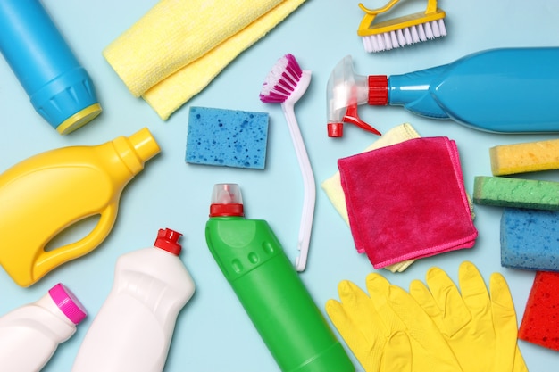 means for cleaning and disinfection closeup on a colored background
