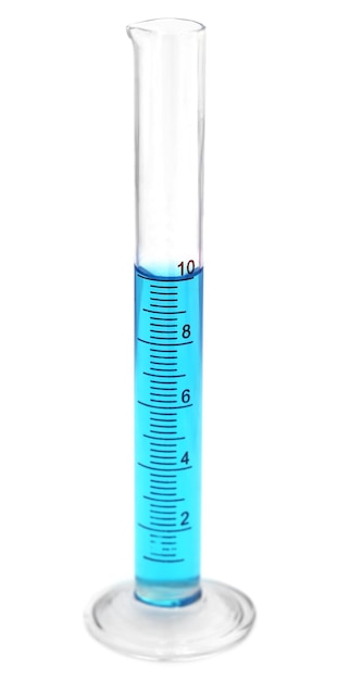 Measuring cylinder with liquid chemical over white background