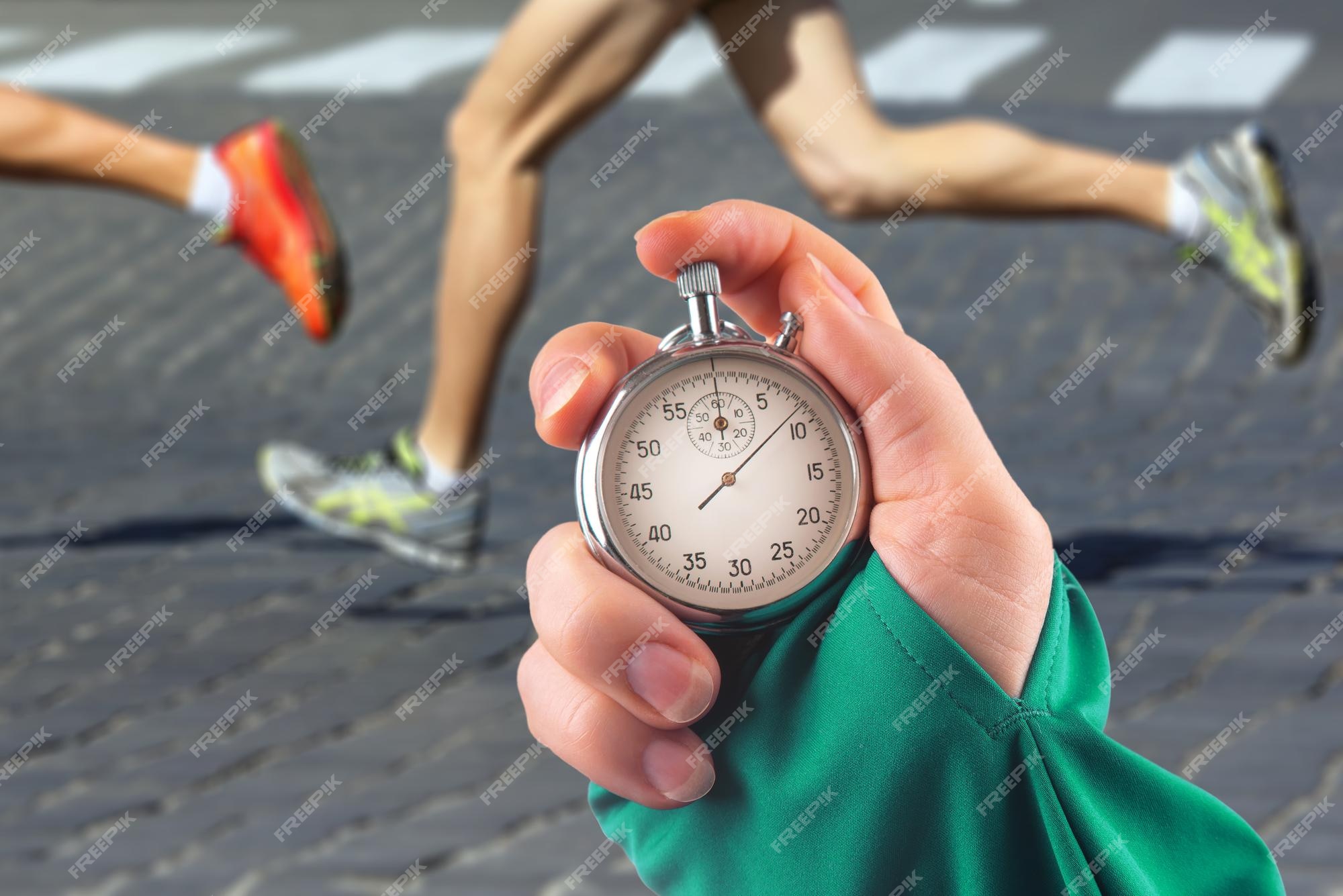 Premium Photo  Measuring the running speed of an athlete using a  mechanical stopwatch hand with a stopwatch on the background of the legs of  a runner