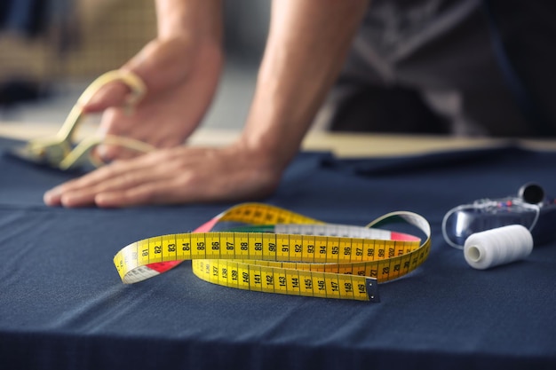 Measuring tape on fabric closeup