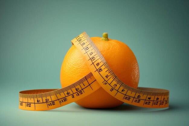 A measuring tape measure is placed on a orange.