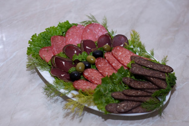 Meat antipasto platter on stone table Top view with copy space