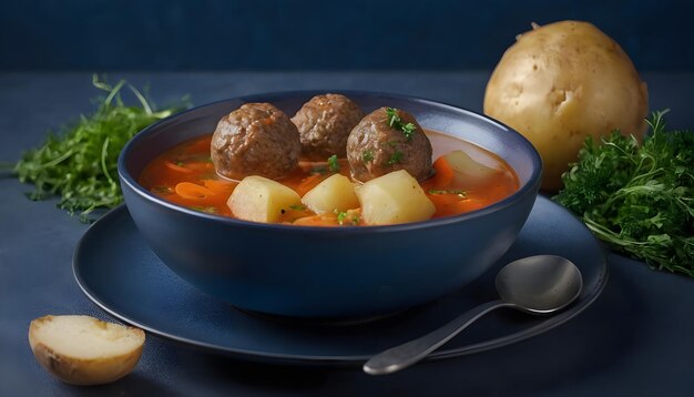 Photo meat balls soup with potatoes inside round plate