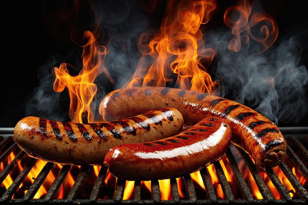 Meat on the barbecue with fire on the dark background Generative AI