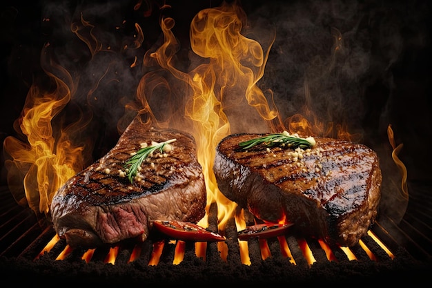 Meat on the barbecue with fire on the dark background Generative AI