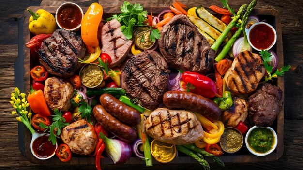 Мясо на барбекю с жареными овощами и различными соусами на деревянной тарелке
