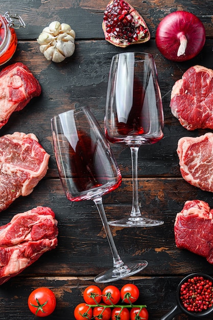 Meat beef steaks frame concept with wine glass