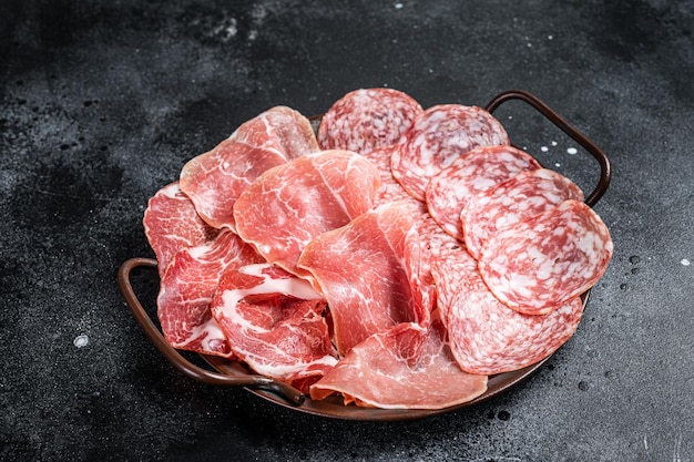 Meat Charcuterie Plate with Prosciutto crudo Salami and Coppa Sausage Black background Top view