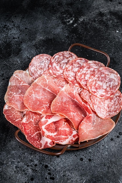 Meat Charcuterie Plate with Prosciutto crudo Salami and Coppa Sausage Black background Top view