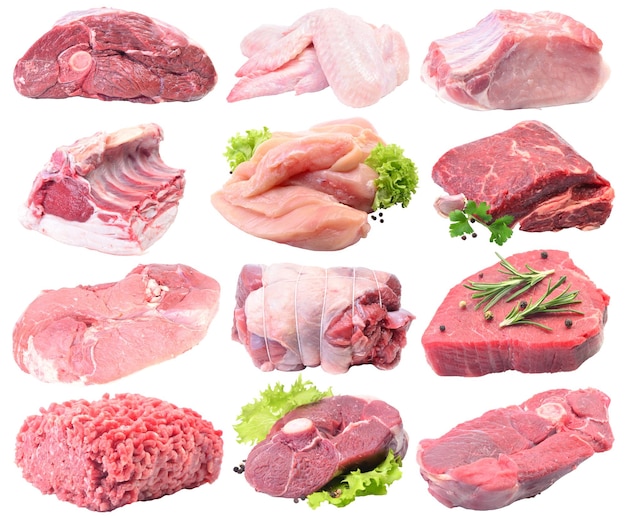 白い背景に孤立した肉のコレクション