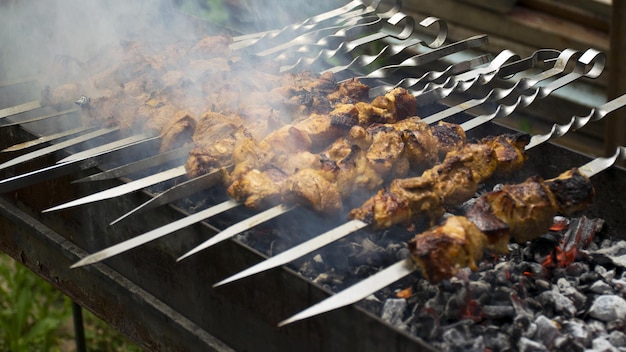 Meat cooks on hot coals in the smoke Picnic in nature Pork is fried on the grill