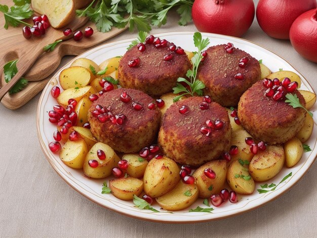 meat cutlets decorated with pomegranate