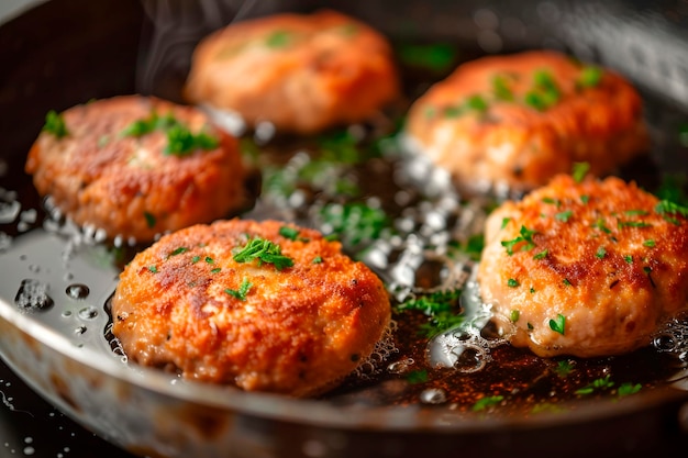 Meat cutlets in frying pan over background Herbs and spices Top view flat lay High quality photo