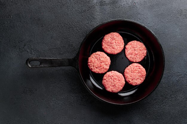 Meat cutlets in a pan ready to fry