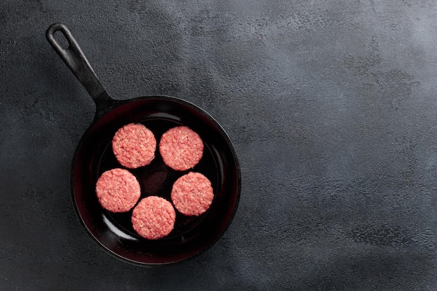 Meat cutlets in a pan ready to fry