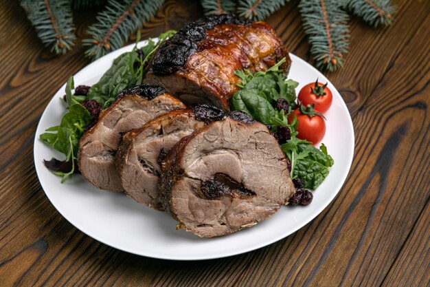 Meat dishes on a wooden table Christmas dinner