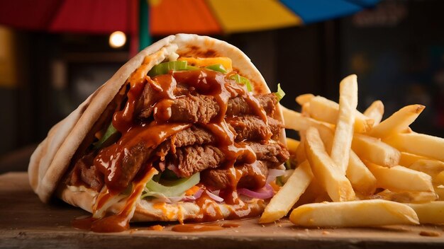 Meat doner in bread with french fries