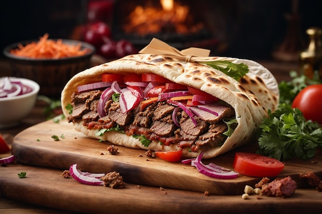 meat doner in pita bread on a wooden board