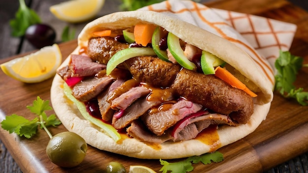 Meat doner in pita bread on a wooden board