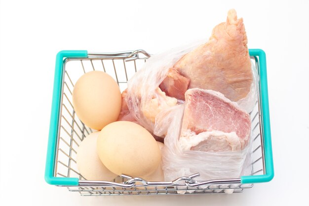 Meat and eggs in a food basket. online purchase concept